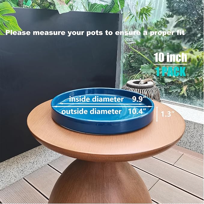 Ceramic Plant Saucer Pot Tray 10 Inch, Blue Planter Saucers 5 7 9 10 12 Inch for Indoors Outdoor, Flower Pot Saucers for Holding Water Drips and Soil