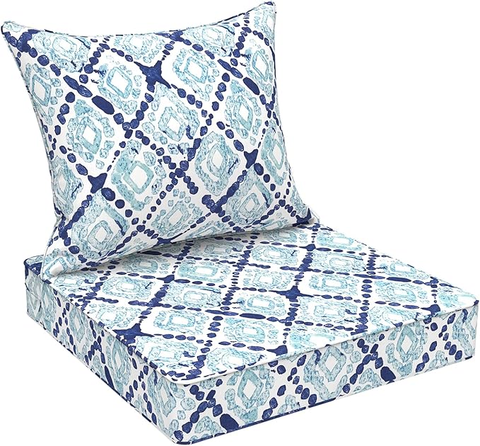 Outdoor Deep Seat Cushion Set, Water Repellent 22"x22" Patio Thick Cushions Replacement with Seat & Back Pillow for Patio Sofa, Wicker Chair, Couch - Boho Geometry Blue