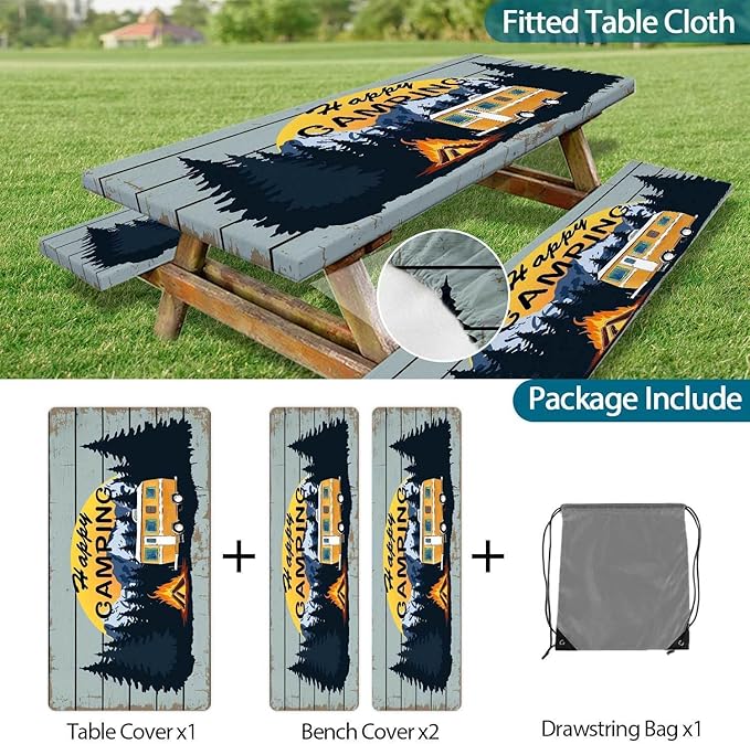 Happy Camper RV Picnic Table Cover with Bench Covers, Retro Wooden Waterproof Camping Picnic Table Cover Cloths for Outdoors Tablecloth with Drawstring Bag, 72in