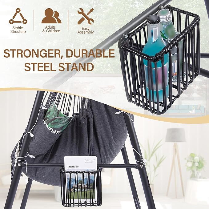 Hammock Chair Hanging Rope Swing & Stand Set with Two Holders, Heavy Duty Hanging Stand with Three Hooks, Multi-Use for Indoor Outdoor Patio Yard Garden(Black & Black)