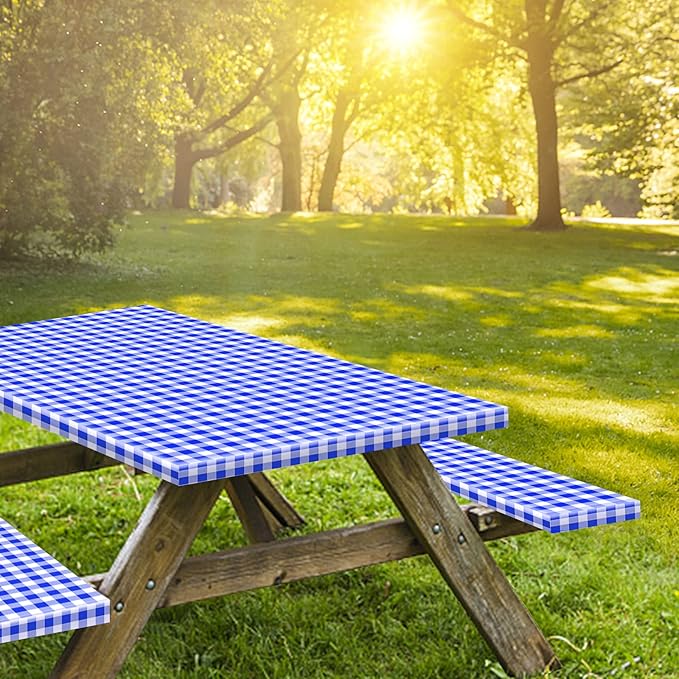 KENOBEE 8ft Picnic Table and Bench Cover, Camping Essentials RV Gear, 96 in Waterproof Windproof Outdoor Elastic All Around Tablecloth, Fitted Rectangle Tables and Seats, Blue-White Checkered