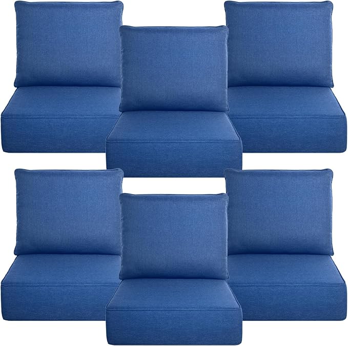 Belord Luxury 6" Thick Outdoor Cushion 6 Set - 22 x24 Inch 28D Sponge Filling Fade-Resistant Chair Cushion, Spill Proof Removable Patio Furniture Replacement Cushion for Sofa Bench Swing - Blue