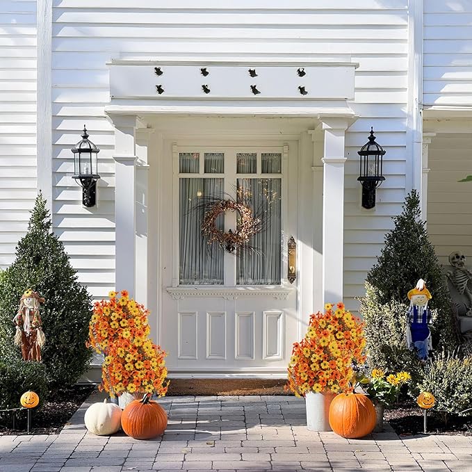 Outdoor Fall Artificial Flowers - 2 Pack Topiary Flower Balls with Ground Stakes, UV Resistant Orange and Yellow Fake Flower Bushes for Porch, Garden and Thanksgiving Decoration