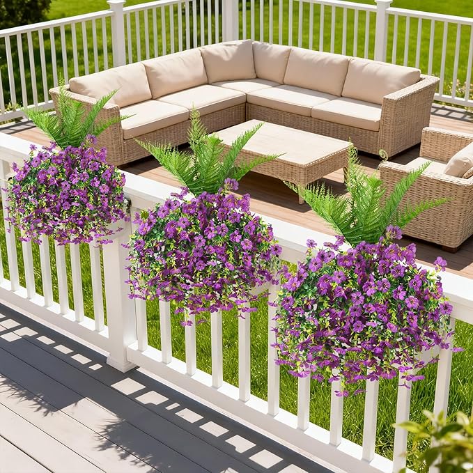 Artificial Fake Hanging Flowers for Outdoors, Silk Daisy with Articial Boston Ferns Plants Set, Realistic Spring Fake Outdoor Flowers UV Resistant Porch Patio Yard Decor