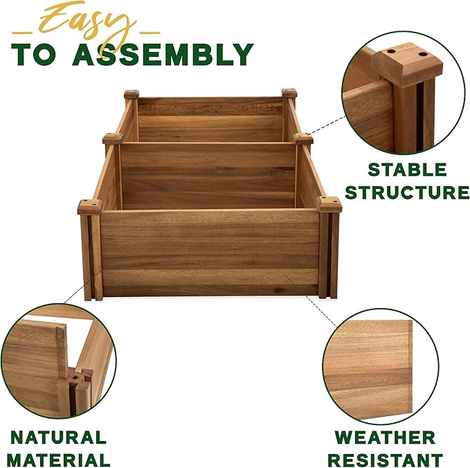 Durable Wooden Planter Box Outdoor – Natural Acacia Wood Raised Bed for Diverse Planting – Elevated Garden Box for Vegetables – Promotes Better Drainage – Sturdy Garden Bed (47x25x10 IN)