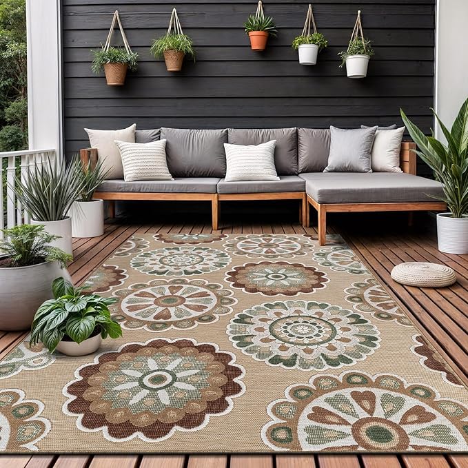 Outdoor Rug 5x7 Washable Area Rugs Indoor Outdoor Carpets Beige Bohemian Medallion Non Shedding Waterproof Easy Clean Patio Deck Porch Living Room Bedroom Garden RV (5 X 7 Beige)