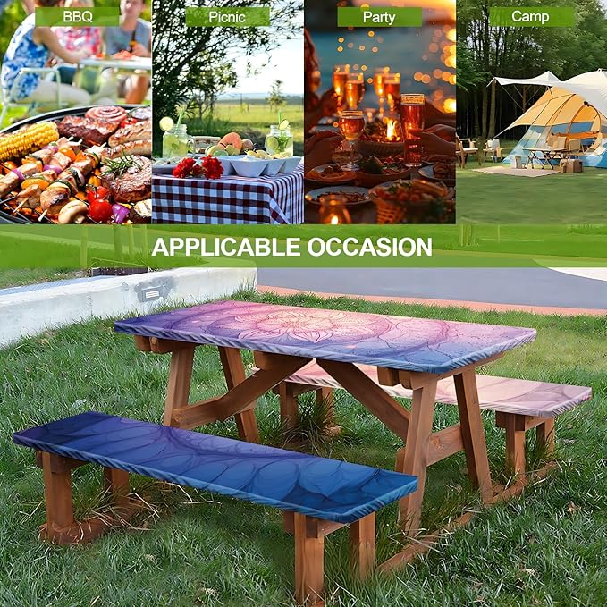 Mandala Design Picnic Table Cover with Bench Covers Set of 3 - Colorful Gradient Geometric Pattern, Elastic Fitted Tablecloth for 6 Ft Tables, Washable Polyester Cover for Patio, Indoor & Outdoor