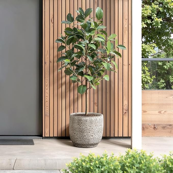 LuxenHome 12" Dia Large Ceramic Pots for Plants, Modern Gray Grid-Pattern Glazed Ceramic Planters Pots for Outdoor Plants with Drainage Hole and Plug, Round Indoor Flower Pot for Home Garden Patio