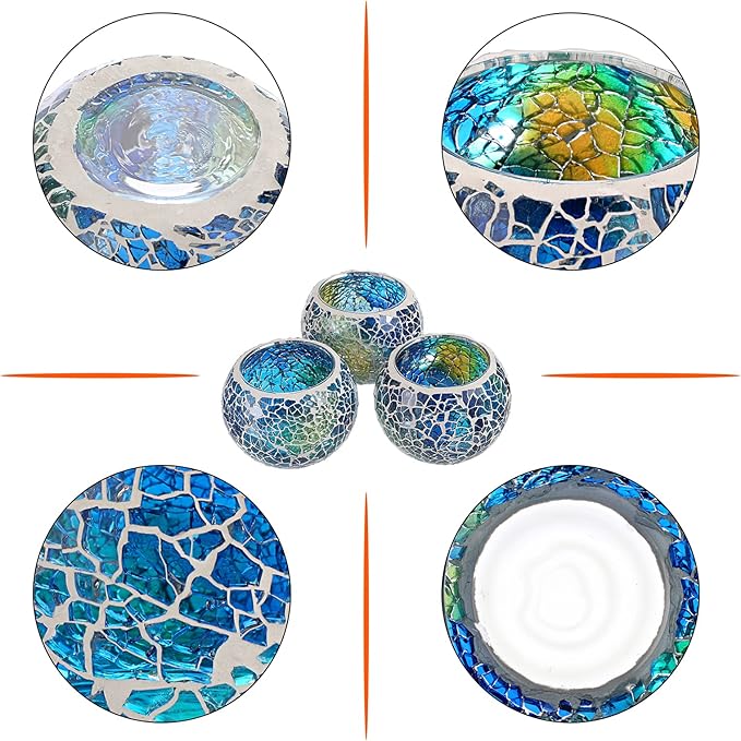 OwnMy Set of 3 Blue Mosaic Glass Tea Light Holders Round Bowl Votive Candle Holders Pillar Candle Stands, Glass Mosaic Tealight Holders Potted Plant Bowl Vase Candle Centerpiece for Table Wedding