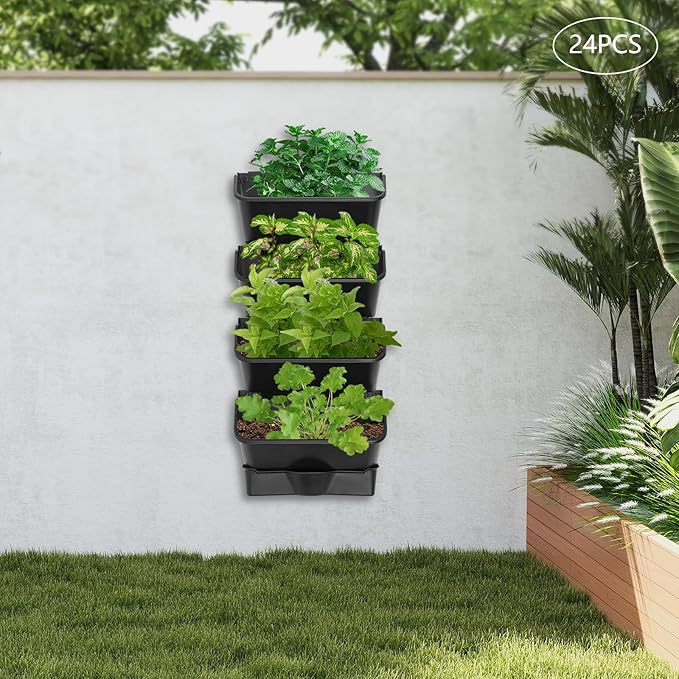 Wall-Mounted Vertical Garden Planter Set – 24 Self-Watering Planters with Drainage Pipe, Stackable Wall Planters for Indoor & Outdoor Use (Black, 24PCS)