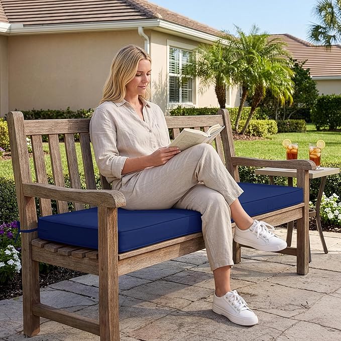 Outdoor Bench Cushion: Waterproof and Fade Resistant Patio Furniture Cushions - Non-Slip Bench Pad Cushion with Removable Cover for Garden Swing Porch Sofa Settee, 48 x 18 x 3 Inch, Navy Blue