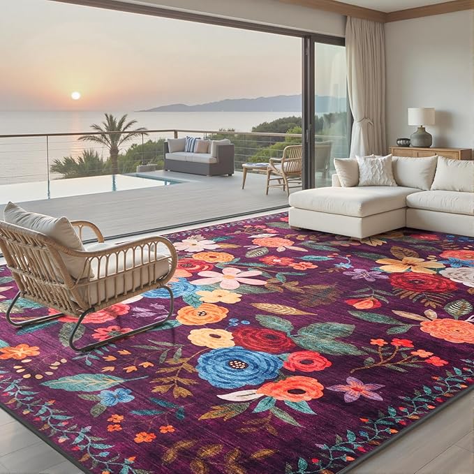 Area Rugs 10x14 Living Room, Non Slip Machine Washable Floral Rugs, Low Pile Lightweight Large Rug for Bedroom, Dining Room, Home Office(10 x 14, Purple Lawn)