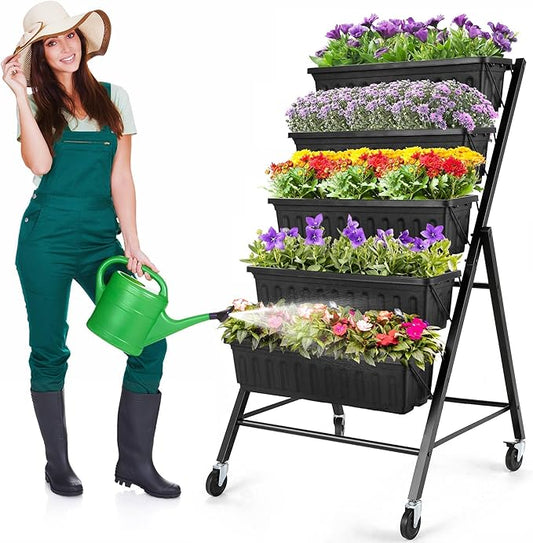 Homdox 4FT Vertical Garden Bed, 5 Tiers Raised Garden Planter, 25.6 * 26 * 48Inch with 4 Hooks & 4 Wheels, Vegetable Flower Stand for Garden Patio Yard, Black