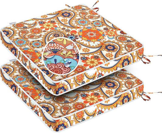 GUEGLSA Patio Seat Cushions 18 inch,Waterproof Square Chair Pad with Ties,18''x18'' Indoor Outdoor Chair Cushion for Garden Furniture,Set of 2,Orange Paisley