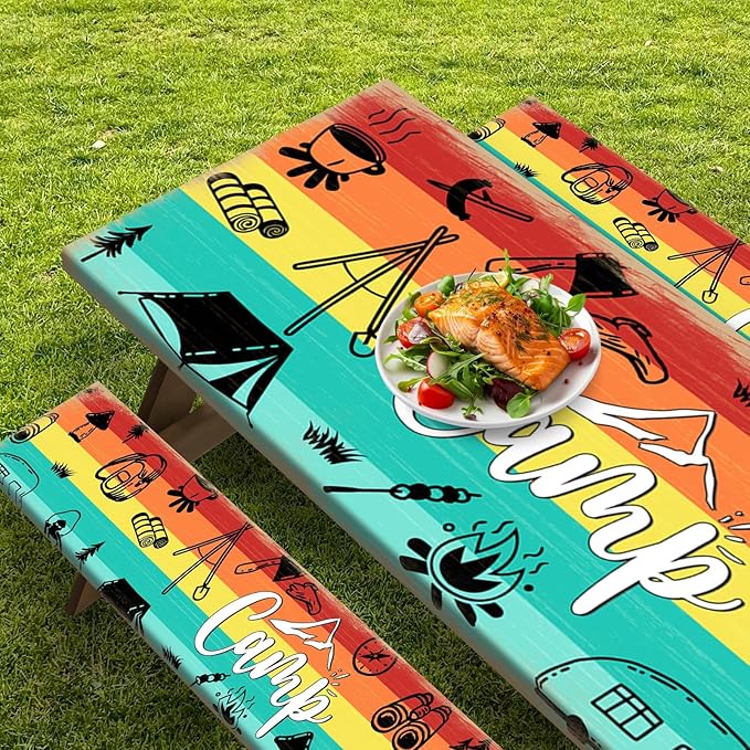 Picnic Table Cover with Bench Covers Elastic Edges, Blue Wood Camper Fitted Table Cover, Outdoor Patio Camping Essentials 72 Inch 3PCS, Waterproof Camping Fitted Tablecloth with Drawstring Bag