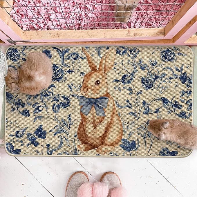 Artoid Mode Rabbit Bunny Blue Porcelain Flowers Bow Easter Doormat, Home Decor Low-Profile Switch Rug Door Mat Floor Mat for Indoor Outdoor 17x29 Inch