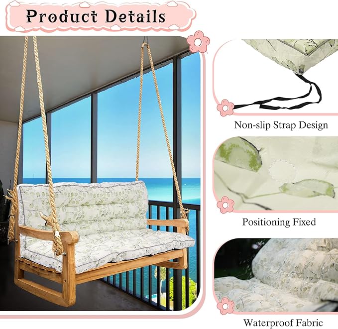 2-3 Seat Swing Replacement Cushion, Outdoor Bench Cushions with Backrest Thicken 4", Patio Furniture Garden Porch Loveseat Glider Pad Anti-Fading Waterproof (White Leaf, 40x63in-thicken)