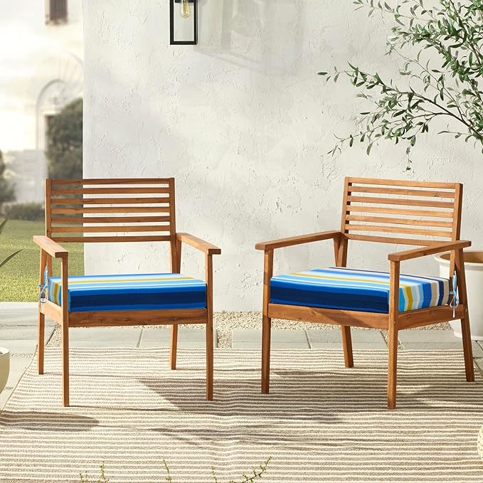 downluxe Outdoor Chair Cushions Set of 4 for Patio Furniture, Water-Resistant Square Corner Patio Chair Cushions with Ties, High Density Foam Outdoor Seat Cushion, 18.5" X 16" X 3", Blue Stripes