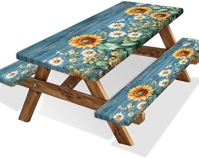 Picnic Table Cover with Bench Covers, Waterproof Elastic Fitted Tablecloths for 6 Foot Rectangle Tables, Outdoor Washable Sunflower Wooden Tablecloth for Camping 30X72in