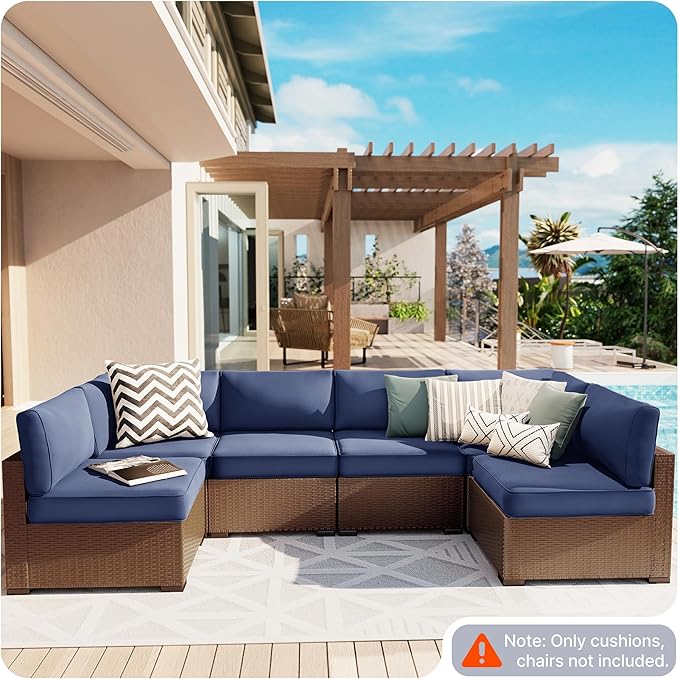 SUNCOZE 14-Piece Outdoor Cushions for Patio Furniture, 25.6"x25.6" Couch Cushion Replacement Designed for 6-Seat Sectional Sofa Sets, Anti-Slip Patio Cushions for Garden, Backyard, Porch (Blue)