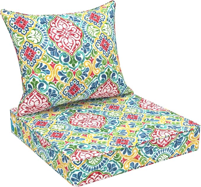Outdoor Deep Seat Cushion Set, Water Repellent 24"x24" Patio Thick Cushions Replacement with Seat & Back Pillow for Patio Sofa, Wicker Chair, Couch - Damask Red