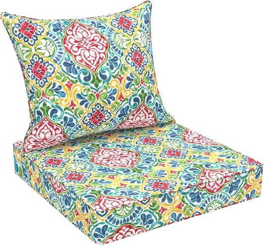 Outdoor Deep Seat Cushion Set, Water Repellent 24"x24" Patio Thick Cushions Replacement with Seat & Back Pillow for Patio Sofa, Wicker Chair, Couch - Damask Red