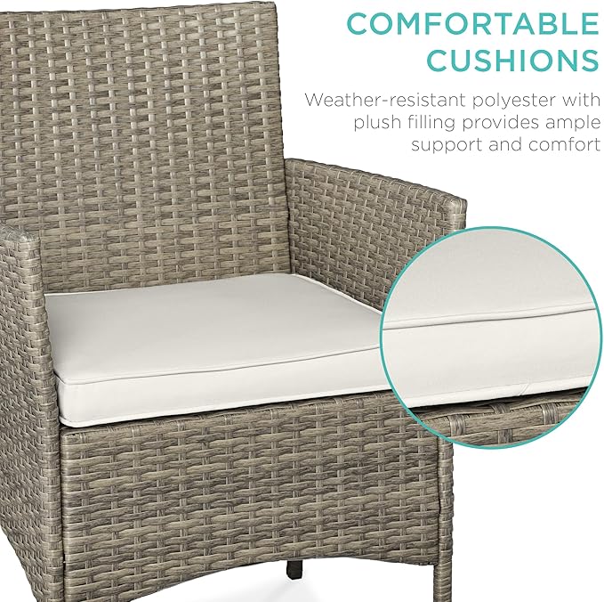 Best Choice Products 3-Piece Outdoor Wicker Conversation Bistro Set, Space Saving Patio Furniture for Garden w/Side Table - Taupe/White Sand