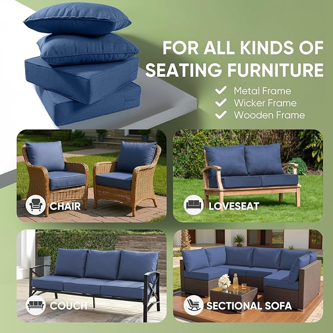 Outdoor Furniture Cushions, 6 inch Thick Seat Cushions for Outdoor Furniture, Waterproof 22x24 Patio Replacement Chairs/Couch Cushion, Include 3 Back & 3 Seat Cushion, Thick/Blue