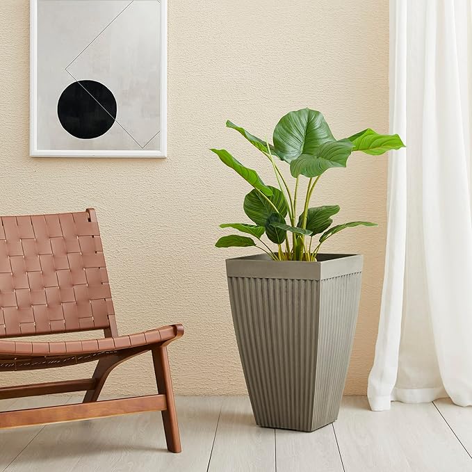 Glitzhome 23" H Tall Planter, Large Planters for Outdoor Plants, Outdoor Planters with Drainage Hole, Faux Concrete Fluted Large Flower Pots for Porch Indoor Patio Garden and Deck, Set of 2