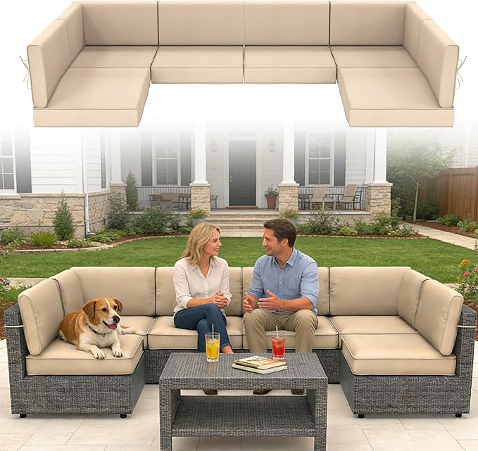 14 Pcs Outdoor Replacement Cushions for Patio Furniture, All Weather Water Resistant Cushion for 6 Seat Rattan Wicker Sectional Patio Conversation Sets and Couch (Khaki)