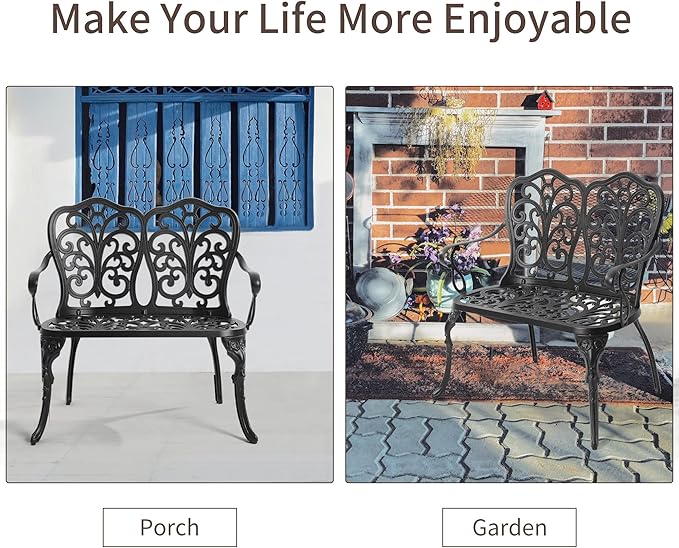 HOMEFUN Outdoor Bench, Patio Garden Benches Metal Loveseat Cast-Aluminum Outside Furniture for Park Lawn Front Porch Black