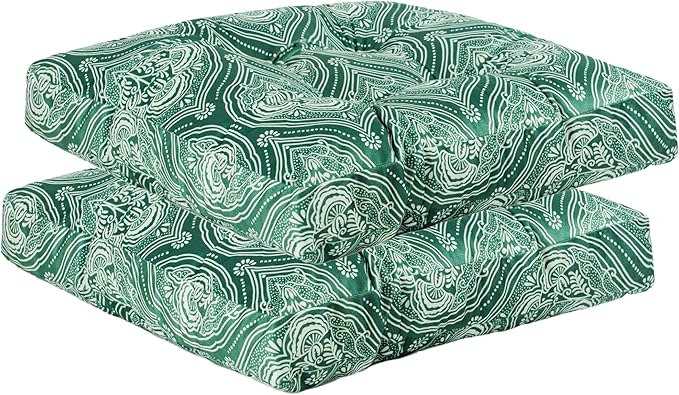 2-Pack Outdoor/Indoor Wicker Patio Seat Cushion Pad with Ties - Dining Chair Cushion, 17" x 17" (Green Lantern)