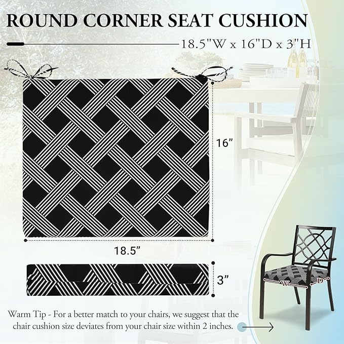 Wellsin Outdoor Chair Cushions for Patio Furniture - Outdoor Cushions for Chairs - Water Resistant Patio Chair Cushions Set of 4, 18.5"X16"X3", Black Geometry