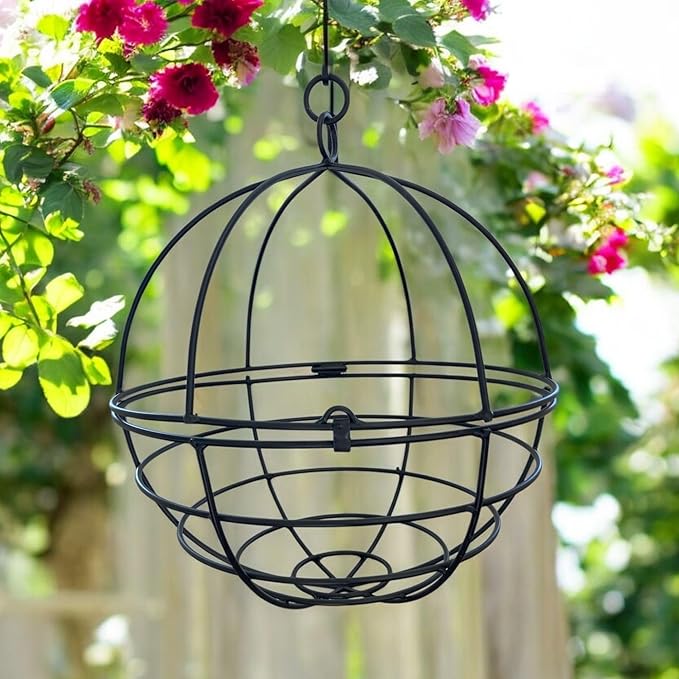 Large Wrought Iron Hanging Globe Planter – Amish Handmade Metal Sphere Plant Hanger for Indoor Outdoor Use – Clamshell Basket Style – Rustic Black Garden Patio Decor for Flowers, Ferns, Lanterns
