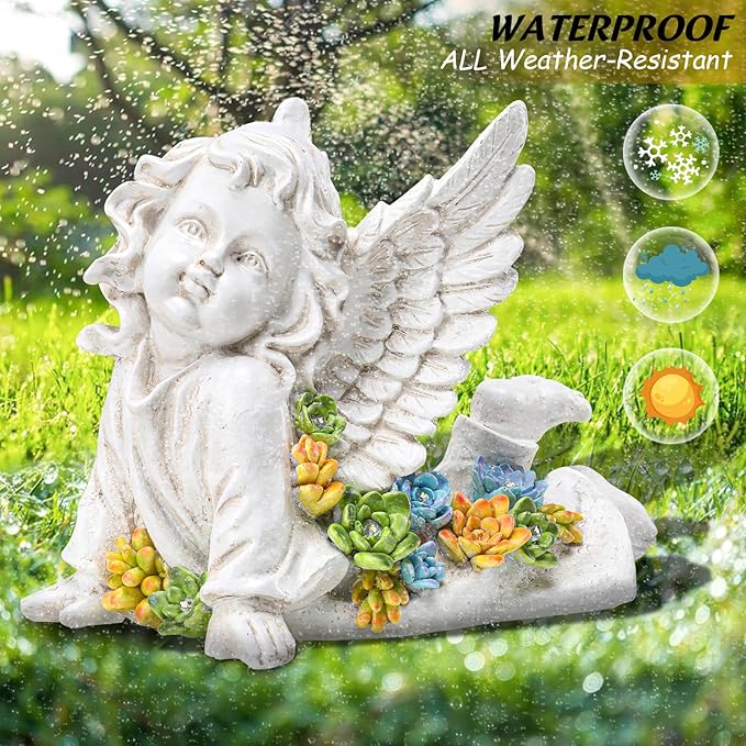 Solar Cherub Angel Outdoor Garden Decor Statues - 7 inches Baby Angel Figurines Outdoor Sculptures with Succulent, Garden Statues for Outside, Patio, Balcony, Lawn Ornaments or Housewarming Gift