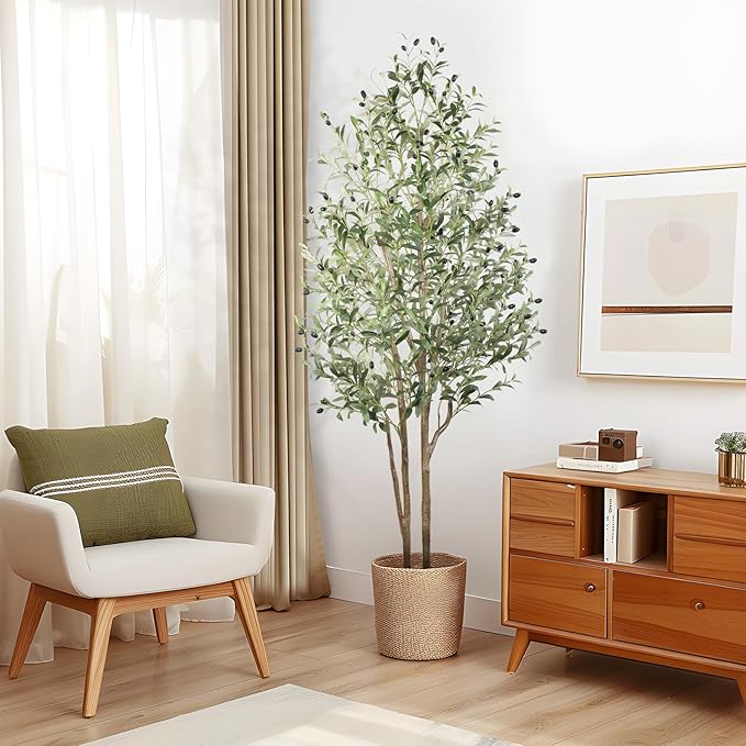 Alupssuc Olive Trees Artificial Indoor, 6FT Tall Faux Olive Tree, Artificial Plants with Natural Wood Trunk and Lifelike Fruits for Home Office Decor