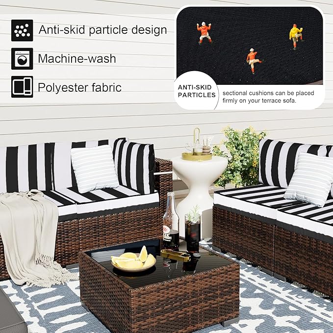 Patio Sectional Cushions, 14-Piece Replacement Cushions for Outdoor Furniture, Water-Resistant Outdoor Sofa Cushion for 6-Seat Rattan Wicker Sectional Conversation Sets (Black & White Stripes)