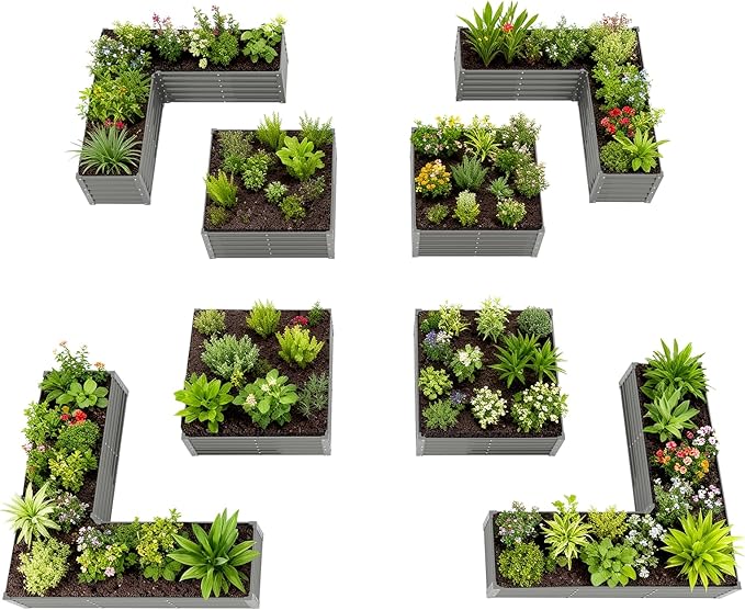 A ANLEOLIFE 8-Piece 18 Inch Tall Quartz Grey Raised Garden Beds Kit, L-Shaped & Square Metal Planters –Ideal for Structured Backyard Layouts.