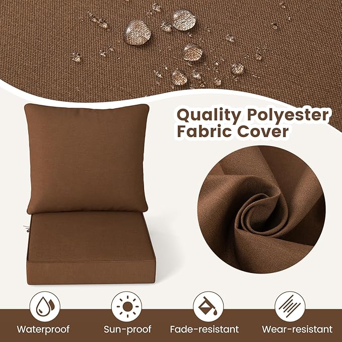 Giantex Patio Cushion Set, Outdoor Chair Seat Pads w/Non-Slip Rope Belts, Detachable Patio Furniture Cushions, Thick Seat Cushion & Back Cushion for Living Room Floor Sofa Patio Garden Chair (Brown)
