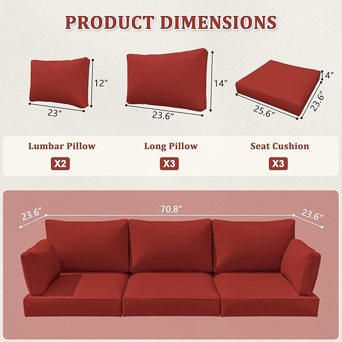 8-Piece Outdoor Cushions for Patio Furniture Thick Outdoor Chair Cushions Resilient Foam Waterproof Deep Seat Cushion Replacement for 3-Seat Sectional Sets Liner&Cover Terra Red