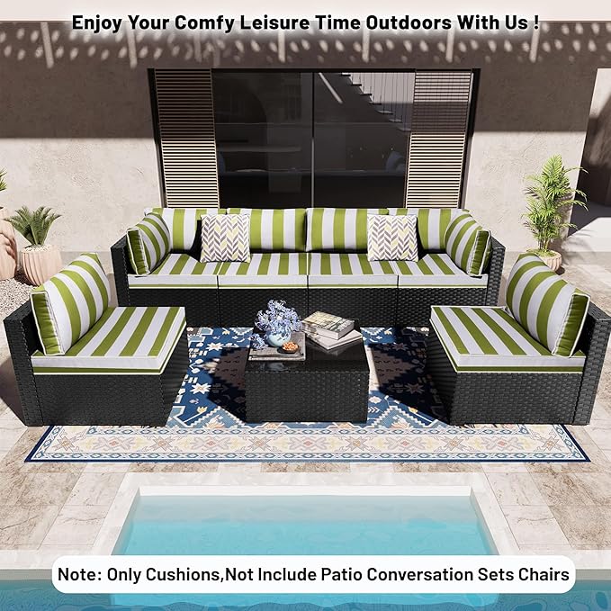 14 Piece Outdoor Sectional Cushions, Water-Resistant Outdoor Sofa Cushions Replacement, 4" High Density Foam Patio Furniture Cushions Fits 6-seat Rattan Conversation Set (Grass Green White Stripes)