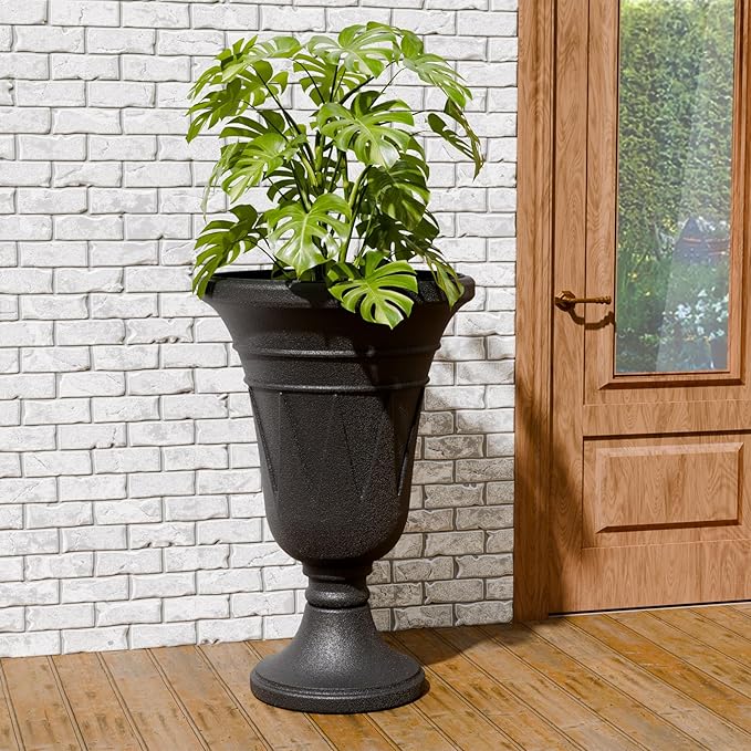 23.6" Tall Plastic Urn Planters for Outdoor Plants, Set of 2 Heavy-Duty Classic Indoor Large Flower Pots with Drainage Holes & Trophy Design, Outdoor Planters for Porch, Home Garden, Black