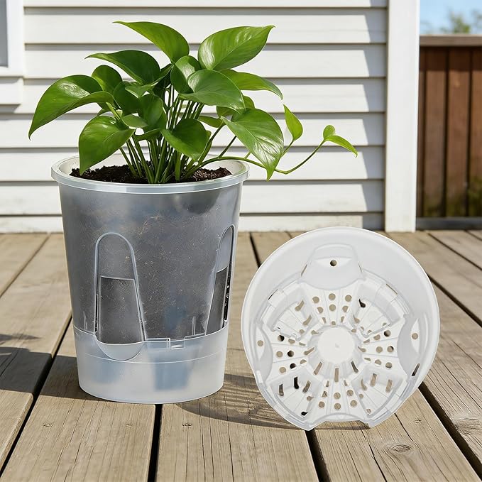 Plant Pots 6 inch Set of 5, Self Watering Pots for Indoor Outdoor, Upgraded Water Inlet Self Watering Planters Flower Pots with Drainage Hole and Clear Saucer Reservoir (Clear)