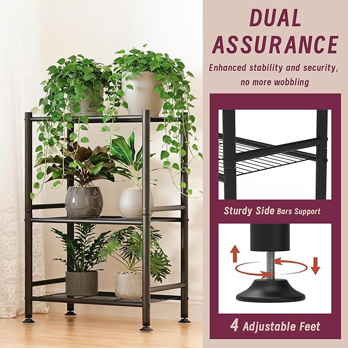 3-Tier Plant Stand Indoor, Metal Outdoor Plant Stands for Patio, Space Saver, Tiered Plant Shelf for Garden Balcony Living Room Bedroom, Black