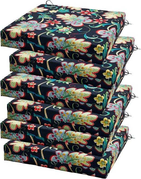 Outdoor Chair Cushions Set of 6, 18.5 x 16 Inch Patio Chair Cushions for Outdoor Furniture, Water Resistant, Non-Slip Ties (Black Floral)