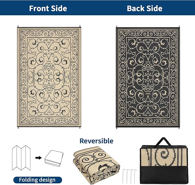 MilleLoomi 9x12 Outdoor Rug Waterproof Foldable Plastic Straw Carpet for Patio Porch Vintage Reversible Mat Lightweight Floor Mat for Picnic, Backyard, Rv, Beach, Deck, Camper, Balcony，Black Beige