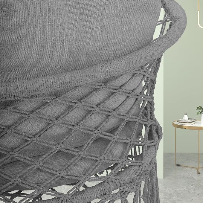 Athena Collection Hammock Swing Chair with Cushion, Outdoor Macrame Chair with Mounting Hardware, Max 350 Lbs, Large Cotton Rope Hanging Chair for Outdoor Indoor Porch Garden, Gray
