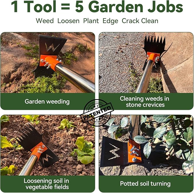 2-in-1 Weed Puller Tool & Moss Scrub Brush Set with 60" Adjustable Handle | Quick-Change Garden Hoe, Weed Puller & Concrete Brush for Patio Cleaning and Weed Removal with Pruning Shears & Gloves