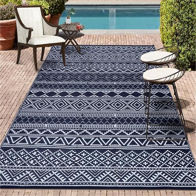 GarveeLife Outdoor Plastic Straw Rug 9x12 Waterproof UV Resistant Patio Rug Lightweight Floor Mat for Camping, Picnic, Backyard, RV, Beach, Picnic, Dark Blue & White
