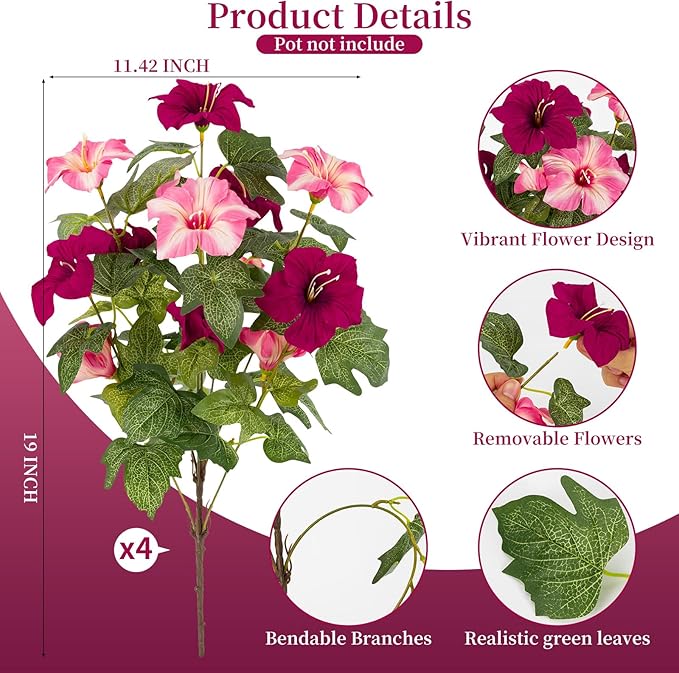 19 Inch Artificial Flowers for Outdoor Indoor Garden Home Decoration,Faux Flower for Home Office Garden Patio Balcony 4 Bundles (Rose red Pink)